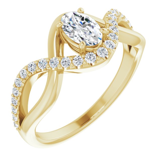10K Yellow Gold Customizable Oval Cut Design with Semi-Accented Twisting Infinity Bypass Split Band and Half-Halo