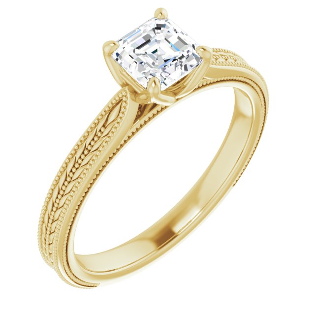 10K Yellow Gold Customizable Asscher Cut Solitaire with Wheat-inspired Band 