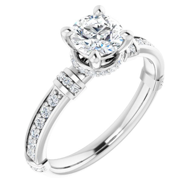 10K White Gold Customizable Round Cut Style featuring Under-Halo, Shared Prong and Quad Horizontal Band Accents