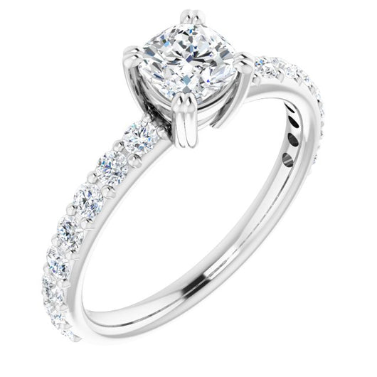 10K White Gold Customizable Cushion Cut Design with Large Round Cut 3/4 Band Accents