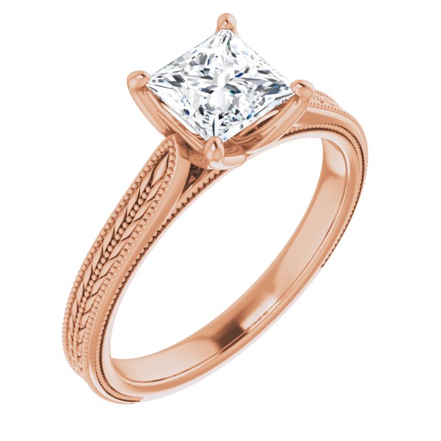 10K Rose Gold Customizable Princess/Square Cut Solitaire with Wheat-inspired Band 