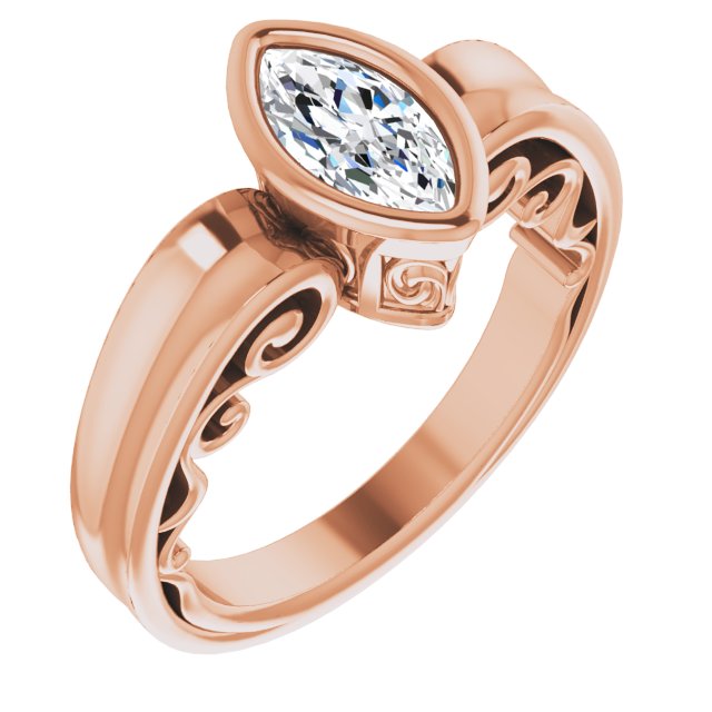 10K Rose Gold Customizable Bezel-set Marquise Cut Solitaire with Wide 3-sided Band