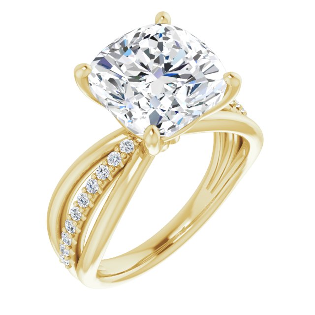 10K Yellow Gold Customizable Cushion Cut Design with Tri-Split Accented Band