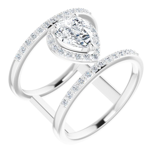 10K White Gold Customizable Pear Cut Halo Design with Open, Ultrawide Harness Double Pavé Band