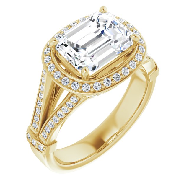 10K Yellow Gold Customizable Emerald/Radiant Cut Setting with Halo, Under-Halo Trellis Accents and Accented Split Band