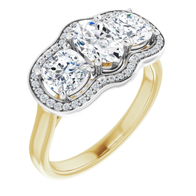14K Yellow & White Gold Customizable 3-stone Design with Oval Cut Center, Cushion Side Stones, Triple Halo and Bridge Under-halo