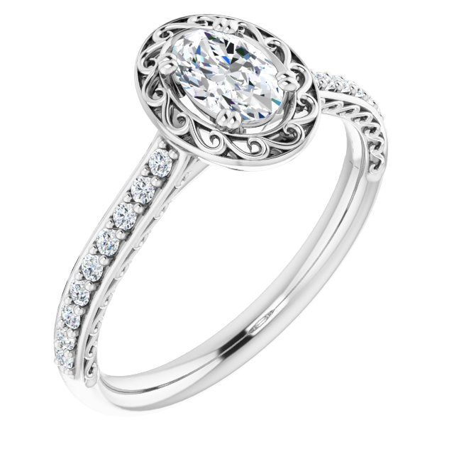 10K White Gold Customizable Oval Cut Halo Design with Filigree and Accented Band