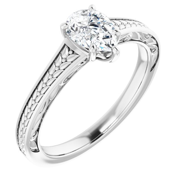 14K White Gold Customizable Pear Cut Solitaire with Organic Textured Band and Decorative Prong Basket