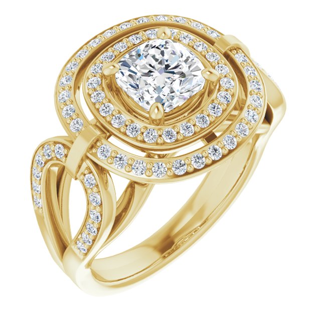 10K Yellow Gold Customizable Cathedral-set Cushion Cut Design with Double Halo & Accented Ultra-wide Horseshoe-inspired Split Band