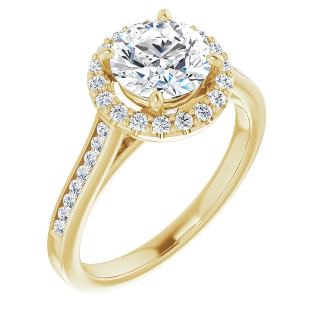 10K Yellow Gold Customizable Round Cut Design with Halo, Round Channel Band and Floating Peekaboo Accents