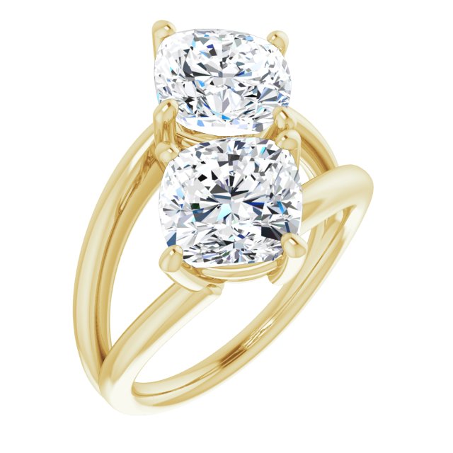 10K Yellow Gold Customizable Two Stone Double Cushion Cut Design with Split Bypass Band