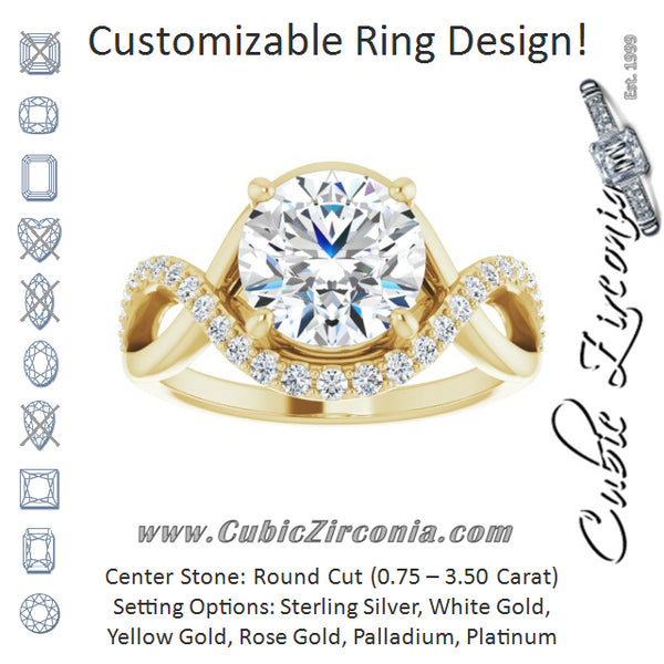 Cubic Zirconia Engagement Ring- The Kwan Lee (Customizable Round Cut Design with Semi-Accented Twisting Infinity Bypass Split Band and Half-Halo)