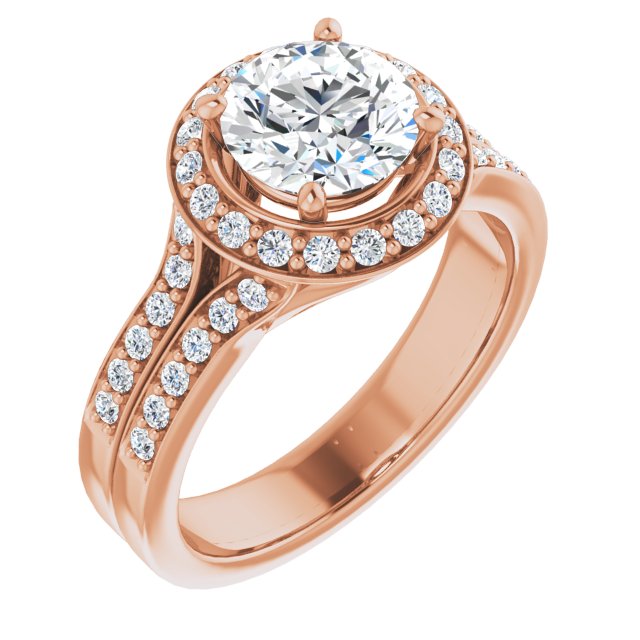 10K Rose Gold Customizable Round Cut Halo Style with Accented Split-Band