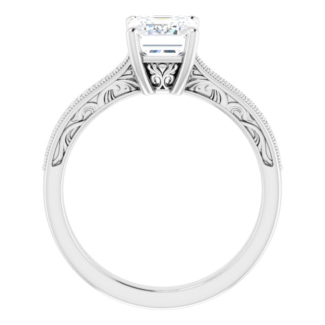 Cubic Zirconia Engagement Ring- The Lina (Customizable Radiant Cut Design with Round Band Accents and Three-sided Filigree Engraving)