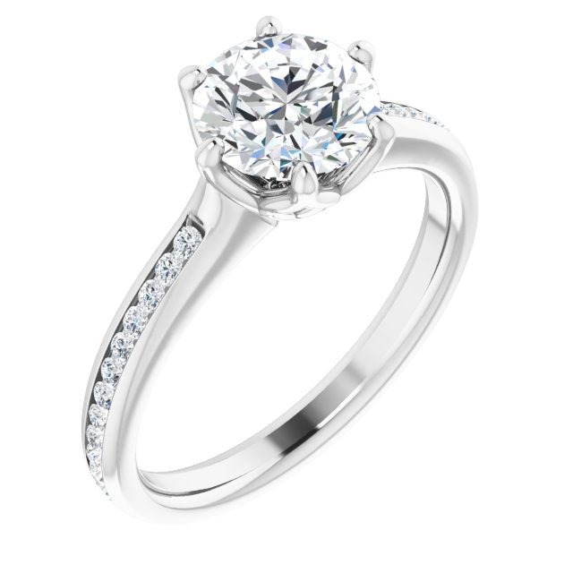 10K White Gold Customizable 6-prong Round Cut Design with Round Channel Accents
