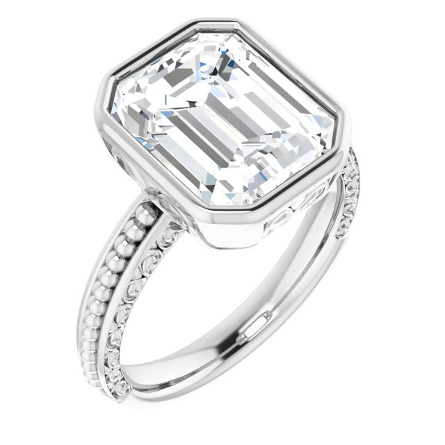 10K White Gold Customizable Bezel-set Emerald/Radiant Cut Solitaire with Beaded and Carved Three-sided Band