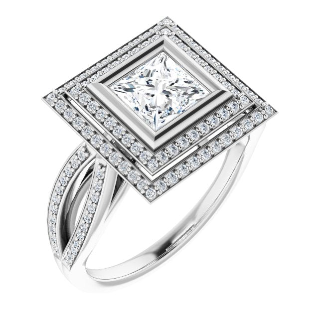 10K White Gold Customizable Bezel-set Princess/Square Cut Style with Double Halo and Split Shared Prong Band