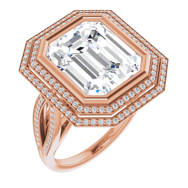 10K Rose Gold Customizable Bezel-set Emerald/Radiant Cut Style with Double Halo and Split Shared Prong Band