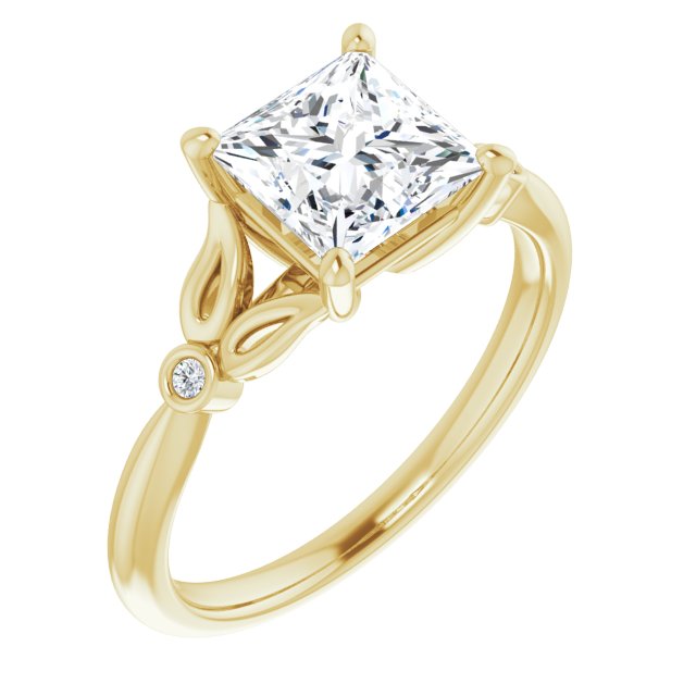 10K Yellow Gold Customizable 3-stone Princess/Square Cut Design with Thin Band and Twin Round Bezel Side Stones