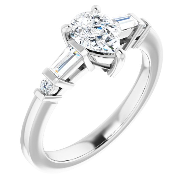 10K White Gold Customizable 5-stone Baguette+Round-Accented Pear Cut Design)