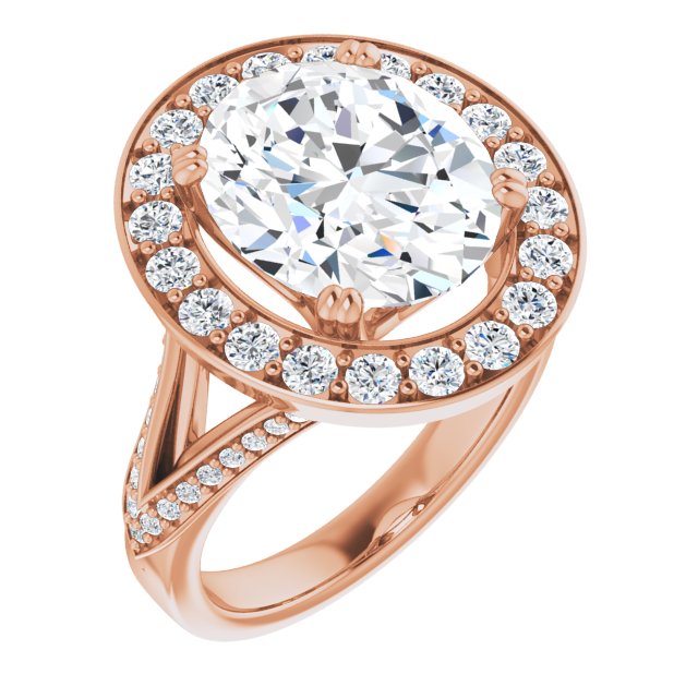 10K Rose Gold Customizable Oval Cut Center with Large-Accented Halo and Split Shared Prong Band