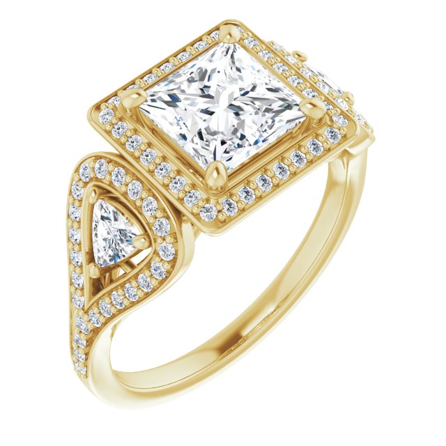 10K Yellow Gold Customizable Cathedral-set Princess/Square Cut Design with 2 Trillion Cut Accents, Halo and Split-Shared Prong Band
