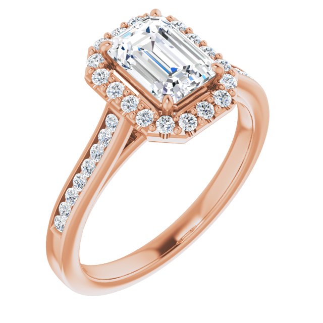 10K Rose Gold Customizable Emerald/Radiant Cut Design with Halo, Round Channel Band and Floating Peekaboo Accents