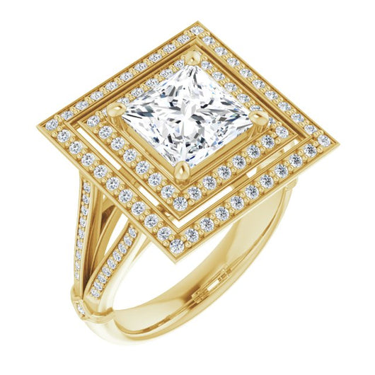 10K Yellow Gold Customizable Cathedral-set Princess/Square Cut Design with Double Halo, Wide Split-Shared Prong Band and Side Knuckle Accents