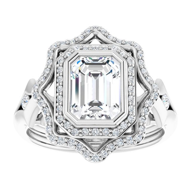 Cubic Zirconia Engagement Ring- The Cyra (Customizable Cathedral-bezel Radiant Cut Design with Floral Double Halo and Channel-Accented Split Band)
