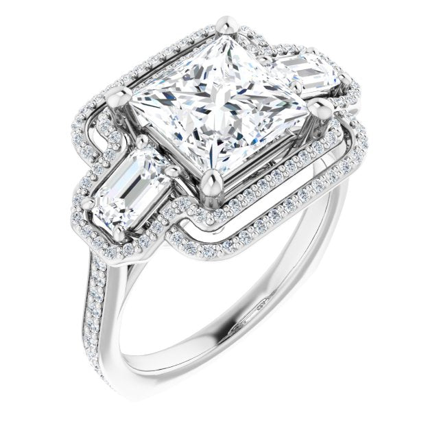 Cubic Zirconia Engagement Ring- The Fallon (Customizable Enhanced 3-stone Style with Princess/Square Cut Center, Emerald Cut Accents, Double Halo and Thin Shared Prong Band)