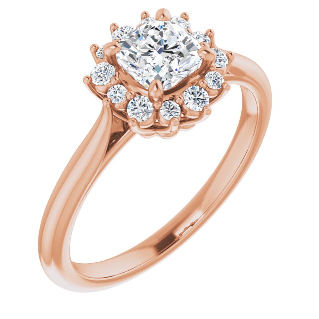 10K Rose Gold Customizable Crown-Cathedral Cushion Cut Design with Clustered Large-Accent Halo & Ultra-thin Band