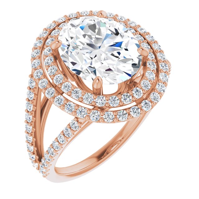 10K Rose Gold Customizable Oval Cut Design with Double Halo and Wide Split-Pavé Band