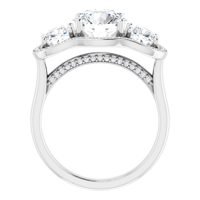 Cubic Zirconia Engagement Ring- The Aimi Namiko (Customizable 3-stone Design with Round Cut Center, Cushion Side Stones, Triple Halo and Bridge Under-halo)