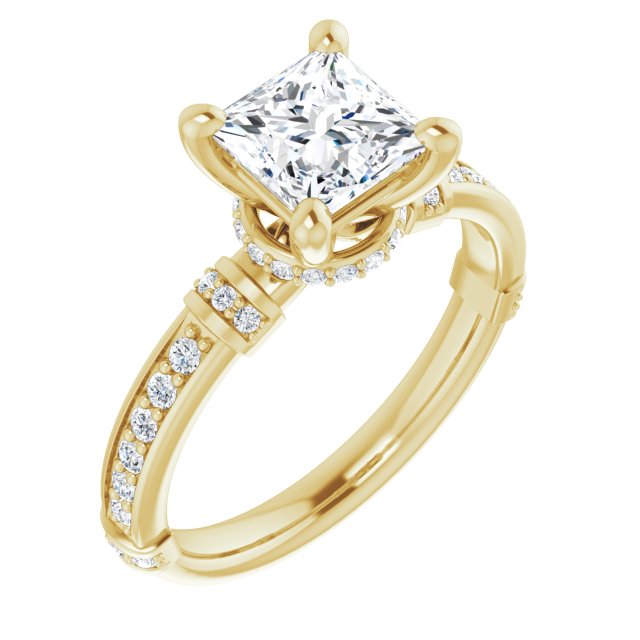 10K Yellow Gold Customizable Princess/Square Cut Style featuring Under-Halo, Shared Prong and Quad Horizontal Band Accents