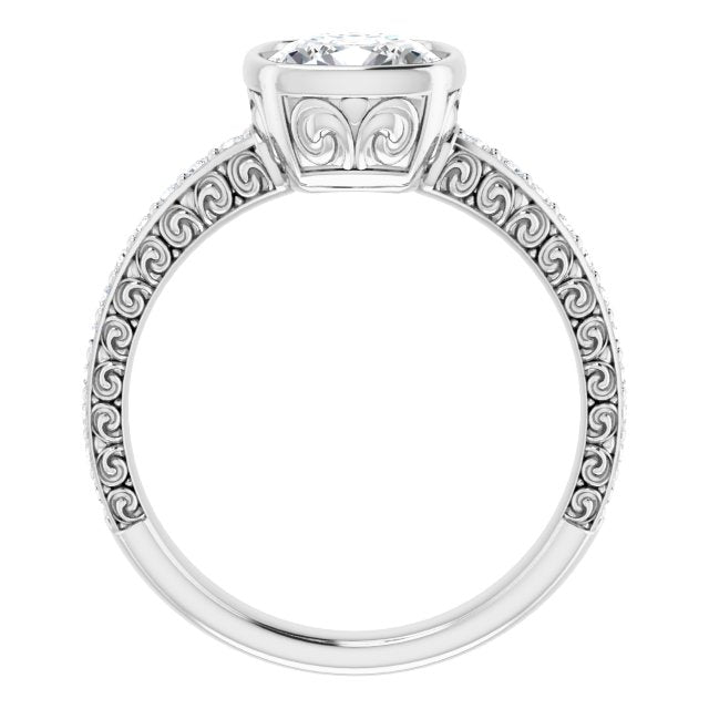 Cubic Zirconia Engagement Ring- The Araceli (Customizable Bezel-set Cushion Cut Design with Cloud-pattern Band & Semi-Eternity Accents)