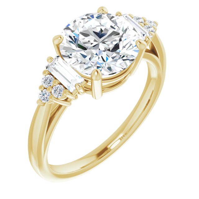 14K Yellow Gold Customizable 9-stone Design with Round Cut Center, Side Baguettes and Tri-Cluster Round Accents