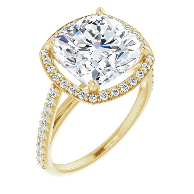 10K Yellow Gold Customizable Cushion Cut Design with Halo and Thin Pavé Band