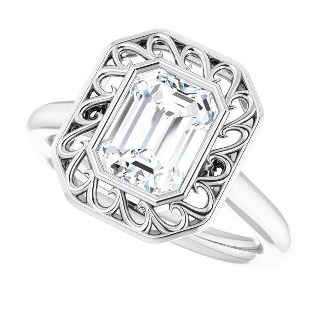 Cubic Zirconia Engagement Ring- The Addie (Customizable Cathedral-Bezel Style Emerald Cut Solitaire with Flowery Filigree)