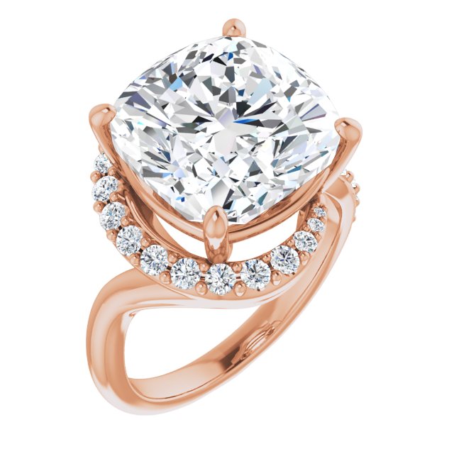 10K Rose Gold Customizable Cushion Cut Design with Swooping Pavé Bypass Band