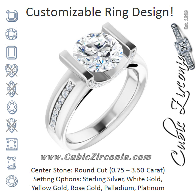 Cubic Zirconia Engagement Ring- The Maryana (Customizable Cathedral-Bar Round Cut Design featuring Shared Prong Band and Prong Accents)