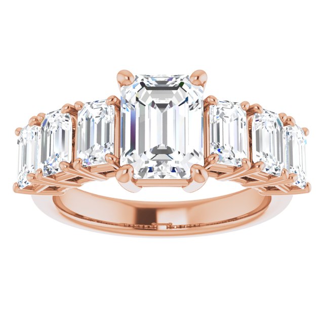 Cubic Zirconia Engagement Ring- The Xiomara (Customizable 7-stone Emerald Cut Design with Large Round-Prong Side Stones)