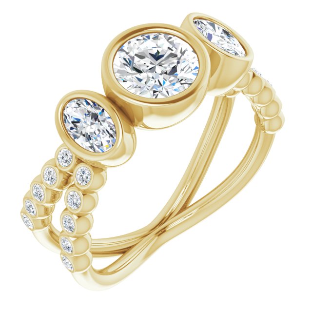 10K Yellow Gold Customizable Bezel-set Round Cut Design with Dual Bezel-Oval Accents and Round-Bezel Accented Split Band