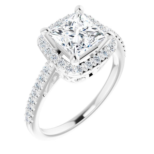 10K White Gold Customizable Cathedral-Crown Princess/Square Cut Design with Halo and Accented Band