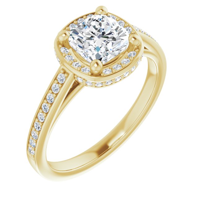 10K Yellow Gold Customizable Cathedral-Halo Cushion Cut Design with Under-halo & Shared Prong Band