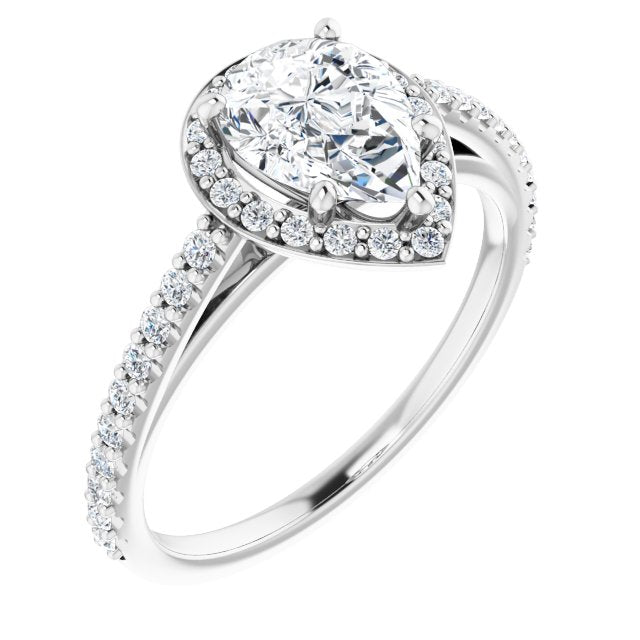 10K White Gold Customizable Pear Cut Design with Halo and Thin Pavé Band