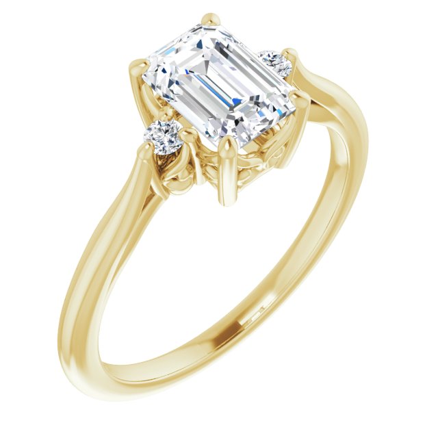 10K Yellow Gold Customizable Three-stone Emerald/Radiant Cut Design with Small Round Accents and Vintage Trellis/Basket