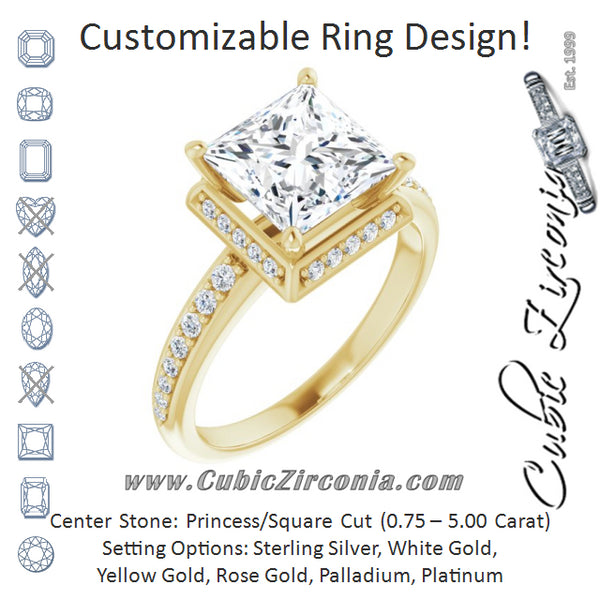 Cubic Zirconia Engagement Ring- The Gwen Noelle (Customizable Princess/Square Cut Design with Geometric Under-Halo and Shared Prong Band)