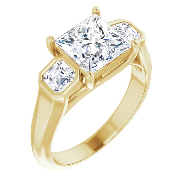 10K Yellow Gold Customizable 3-stone Cathedral Princess/Square Cut Design with Twin Asscher Cut Side Stones