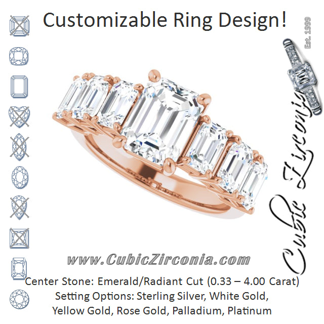 Cubic Zirconia Engagement Ring- The Xiomara (Customizable 7-stone Emerald Cut Design with Large Round-Prong Side Stones)