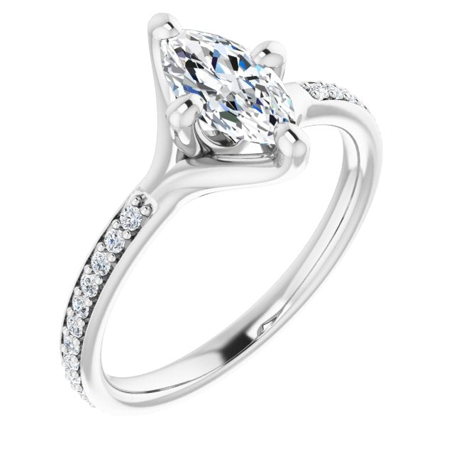 10K White Gold Customizable Marquise Cut Design featuring Thin Band and Shared-Prong Round Accents